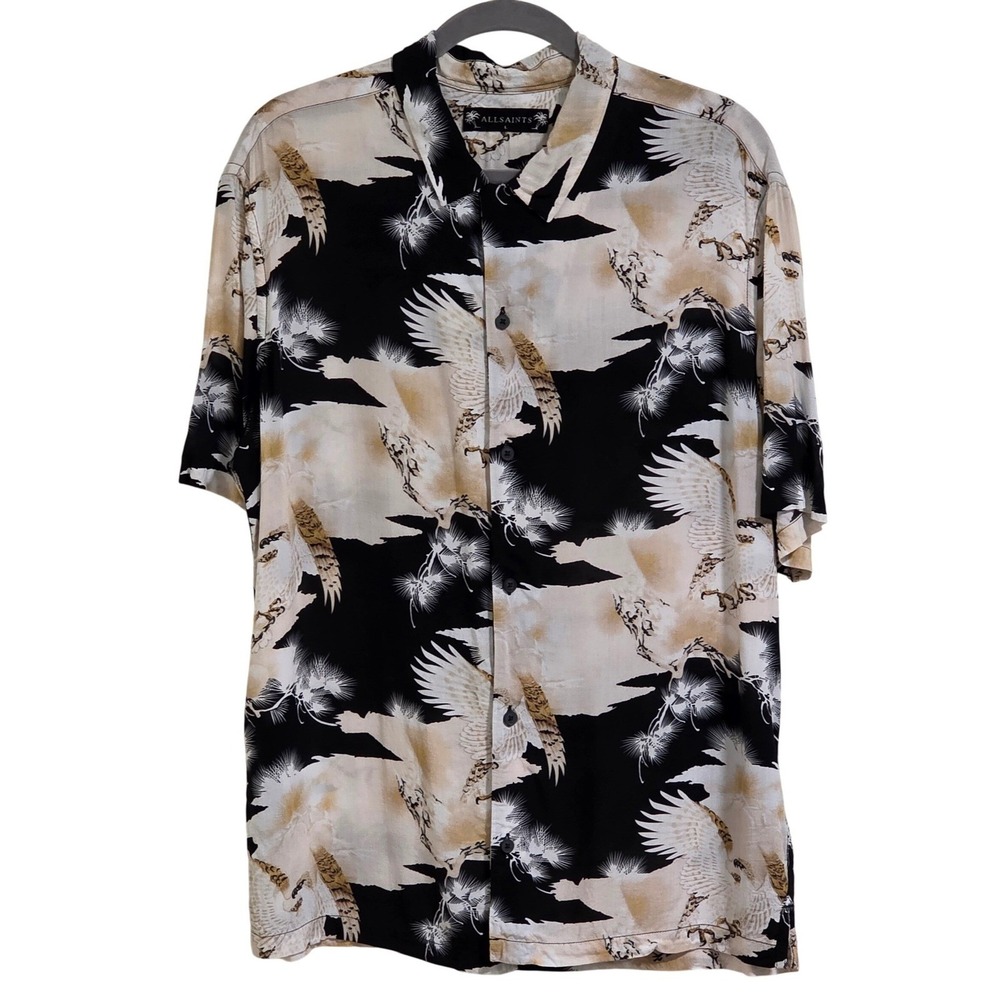 AllSaints Talon Short Sleeve Shirt Mens Large Black Eagle Viscose Loop Collar